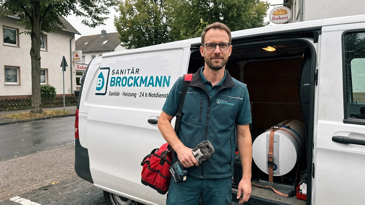 Malte Brockmann, Inhaber von Sanitär Brockmann, am Einsatzfahrzeug